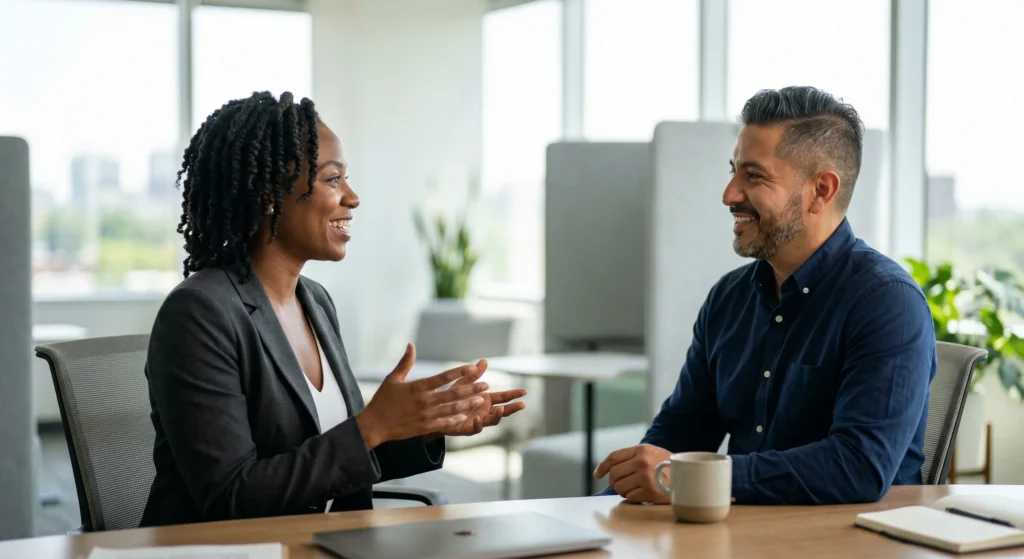 Two colleagues, a Black woman and a man with a beard, sit across a table in a bright office, smiling during a conversation.