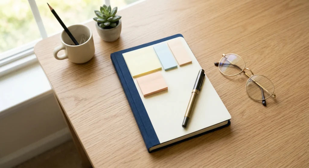 Desk scene with an open notebook, pastel sticky notes, and a gold pen on a wooden desk near a window.