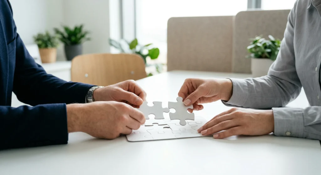 Two people in an office fit puzzle pieces together on a white table, collaboration in progress.