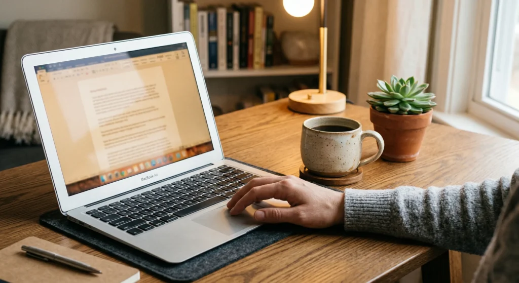 Person typing on a MacBook at a wooden desk with a coffee mug and a small succulent plant nearby.